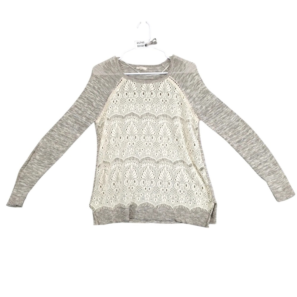 Mystree Beige Lace Front Knit Top Womens M Gold Metallic Threads Sheer Boho